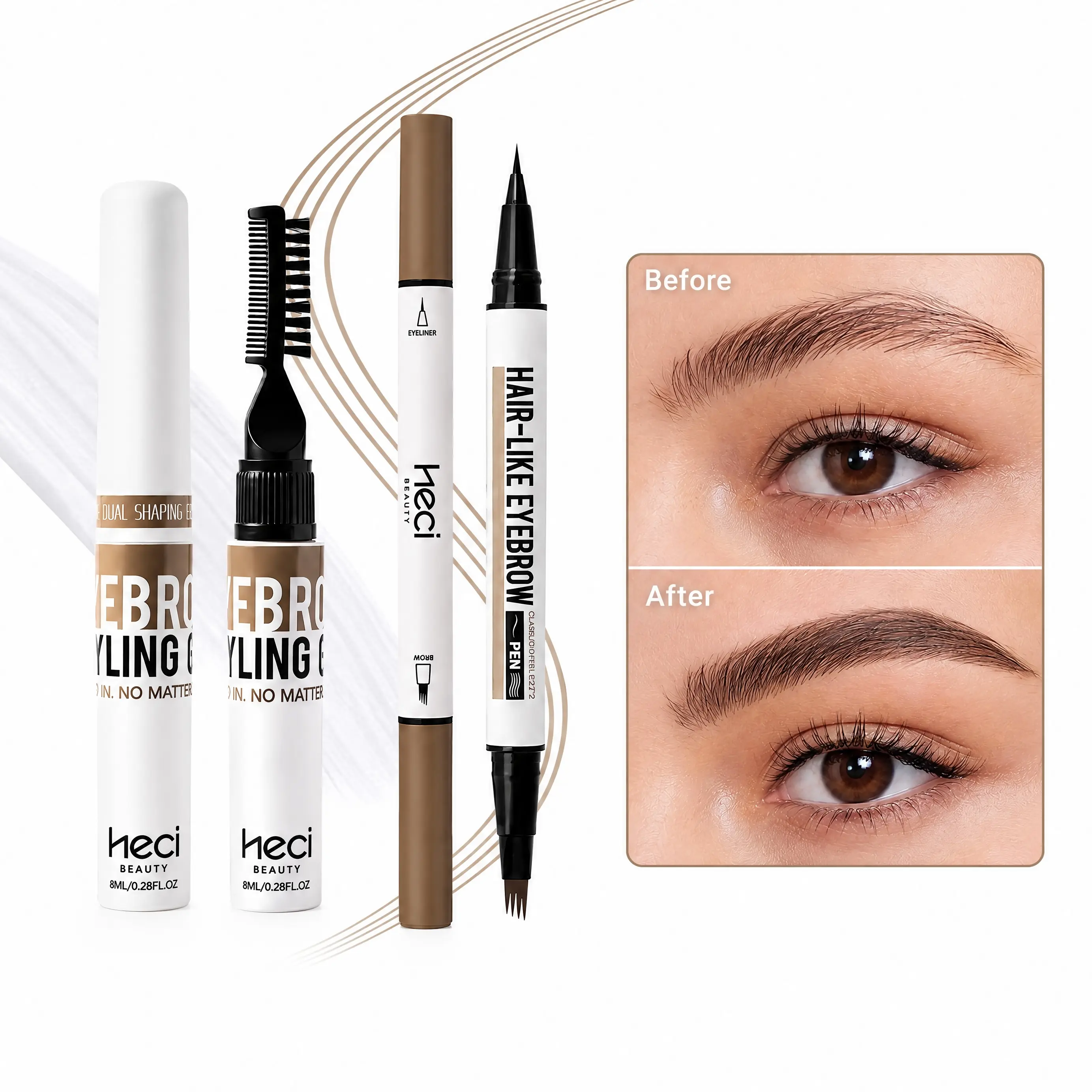 HECI BEAUTY BROW GEL&LINER GLAM SET,Crazy Lift Brow gel&Hair-Like Brow and eyeliner pen,Essential Eyebrow Makeup Set