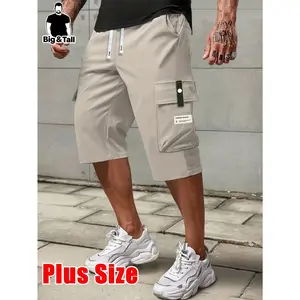 HIDKAT Men's Plus Size Olive Green Plain Cargo Cropped Pants - 1pc Menswear, Drawstring Waist, Large Pockets, Letter Patches, Short, Casual Loose Comfy All-Seasons Workwear for Daily & Work Use