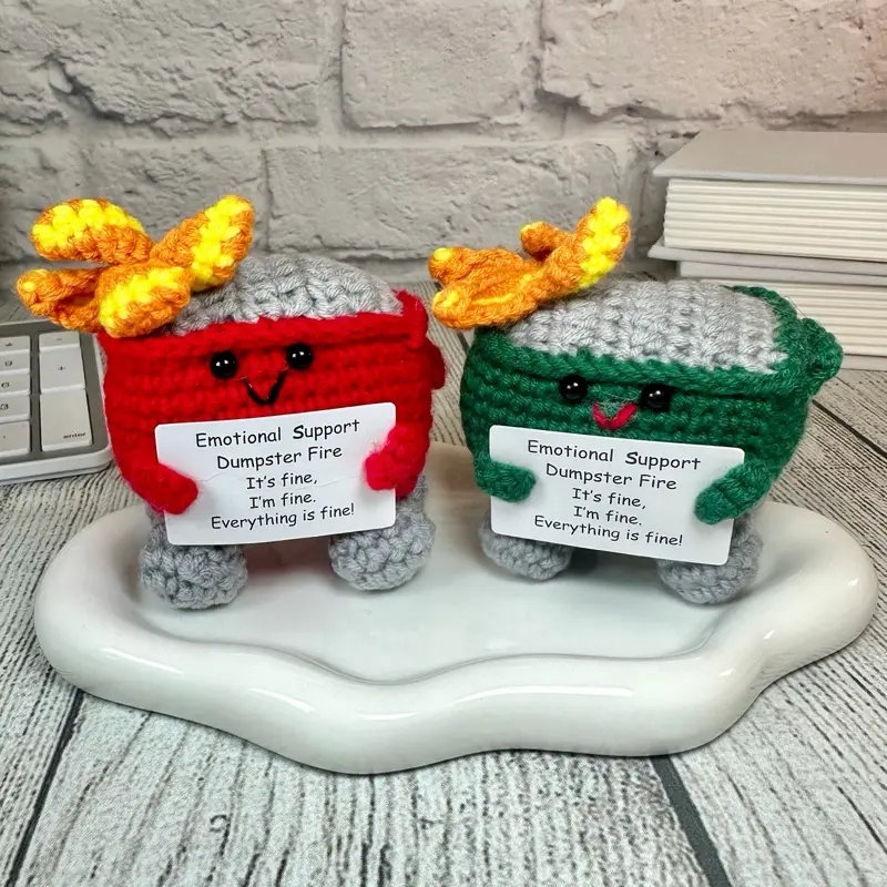Emotional Support Pickle with Wood Stand, Dumpster Fire, Crochet Animals, Positive Support Gifts