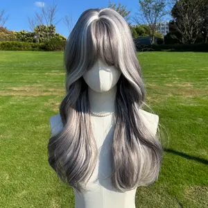 SMILCO 26Inch Highlight Platinum with White Curly Bangs Synthetic Wig SM412-2 for Women Full Voluminous Look Highlight Grey with White Curly Texture