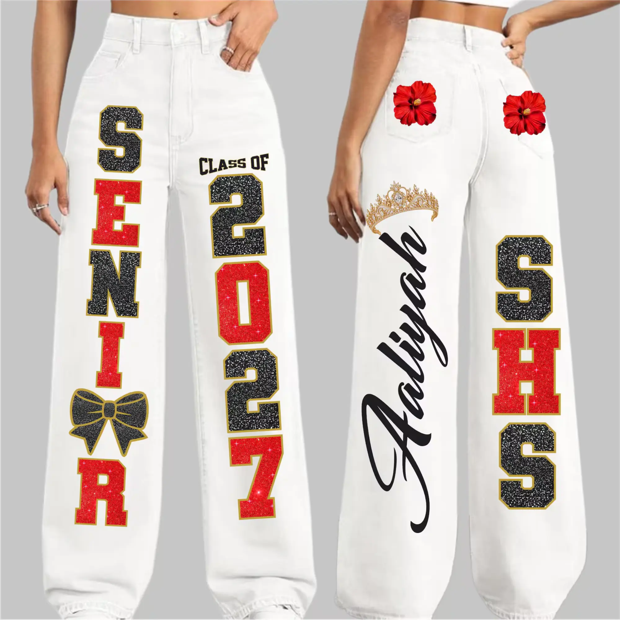 Custom Senior Spirit DTF Iron-On Transfer for Jeans & Denim Jackets | Personalized 3-Color Homecoming Class of 2027 Sparkle Design