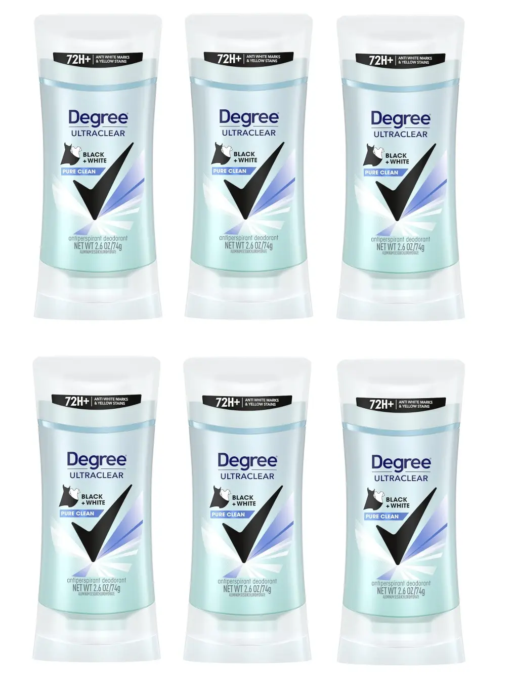 Degree UltraClear Black + White Pure Clean, Antiperspirant Deodorant Stick, 2.6 Oz, Pack of 6
