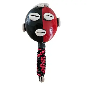 Eshu Maraca for Elegua - Handcrafted Ritual Gourd Rattle with Cowrie Shells, 9 Inches Red and Black Color