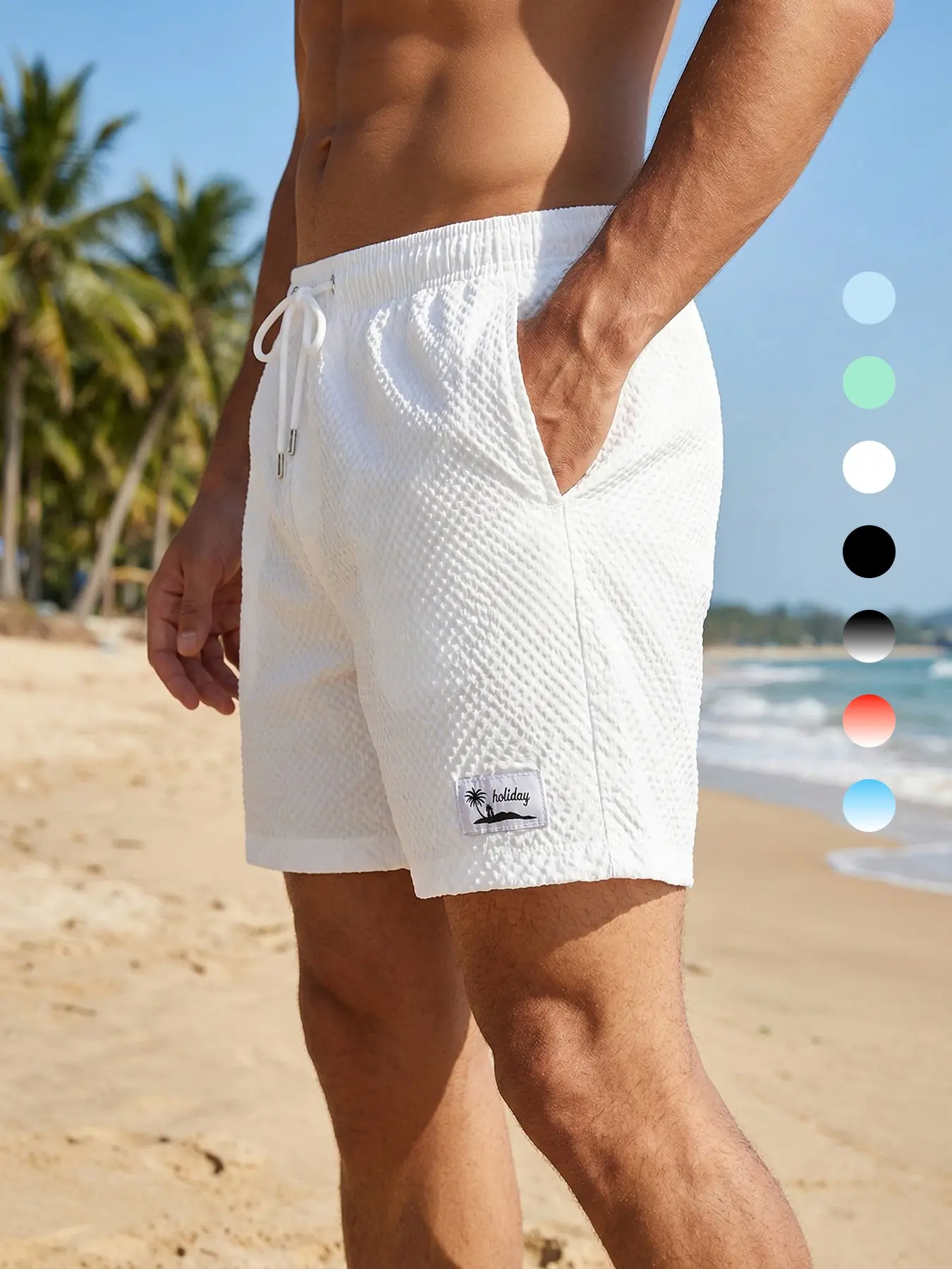 Men's Quick Dry Seersucker Beach Shorts with Triangular Mesh Lining, Summer Casual Board Shorts with 2 Side Pockets and 1 Back Pocket, Drawstring Elastic Waistband Swim Trunks, Swimwear Beachwear, Swimsuit Shorts, Swim Bottoms, Swimming Shorts