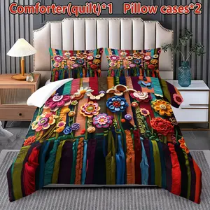 Embroidered Floral Bedding Set, Colorful Boho Flower Comforter & Pillowcases, Artistic Bedroom Decor, Cotton Material, Ca Prop 65 Compliant
