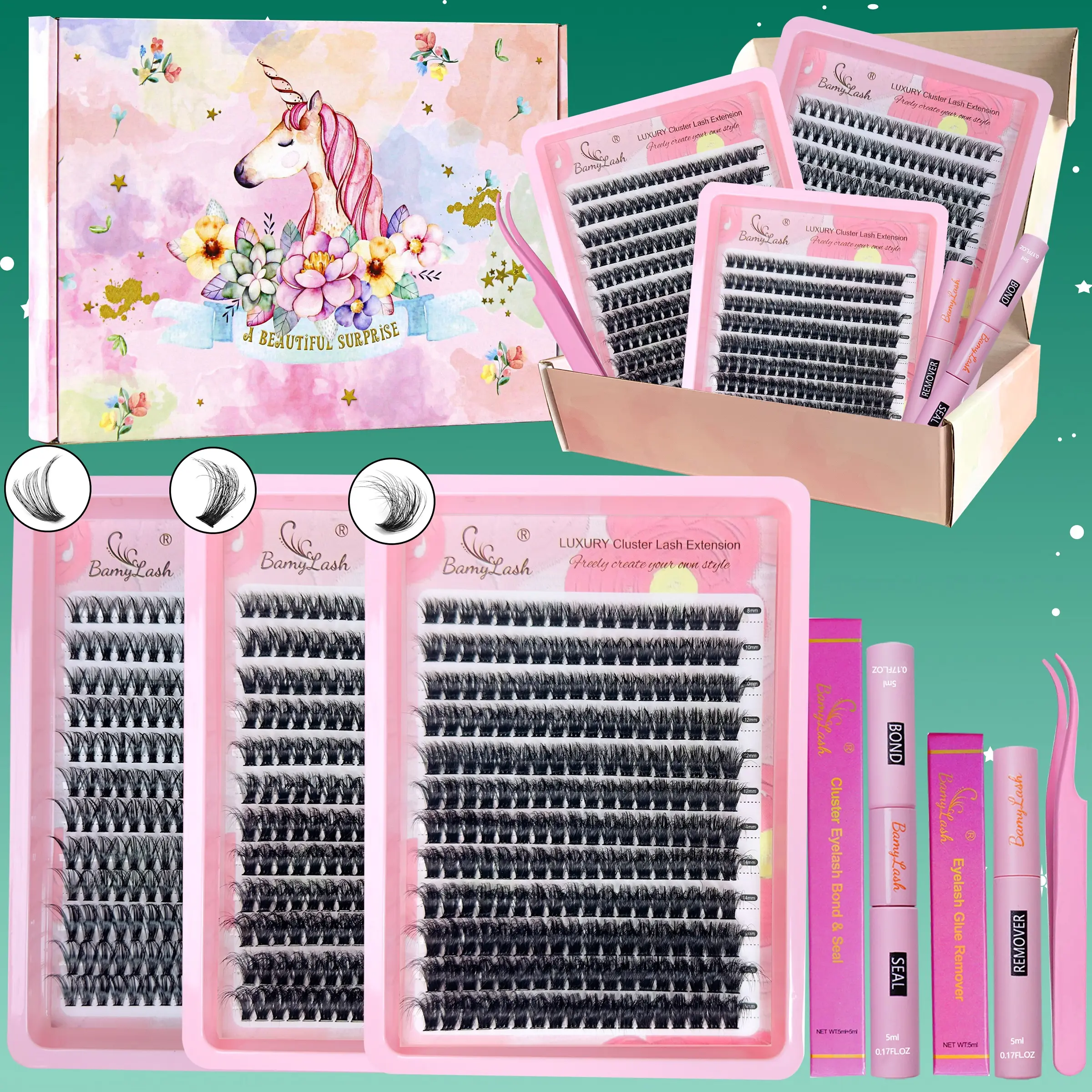 Cluster Eyelash Extension Kit with Glue, Sealer, Remover, Tweezers, Eye Makeup Tool Set for Easy Application at Home, False Eyelashes Extensions Kit Gift Pack for yourself or friend or family and for Christmas, Diy Lashes Clusters