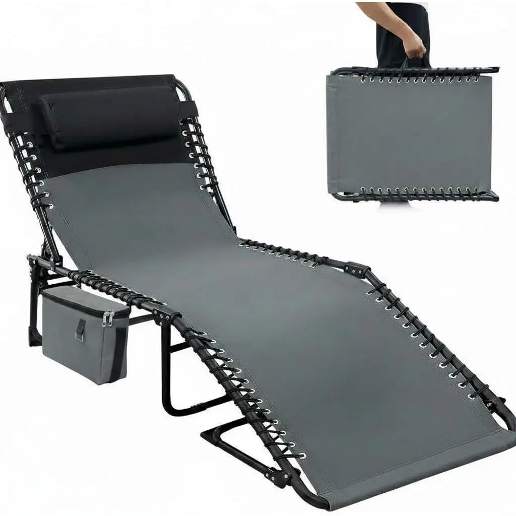Foldable Portable Patio Outdoor Chair - Steel Frame Outdoor Furniture with 5-Position Adjustable Backrest, Lay-Flat Design, Carry Handle, Side Pocket, Removable Pillow for Beach, Pool, Outdoor Patio Furniture