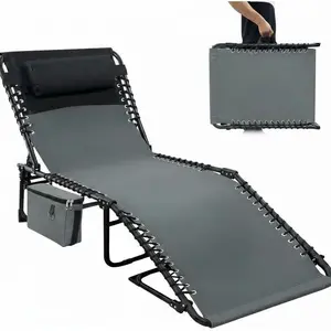 Outdoor Chaise Lounge Chair, Folding Tanning Chair with 5-Position Adjustable Backrest, Portable Sun Lounger with Carry Handle, Side Pocket and Removable Pillow for Beach, Pool