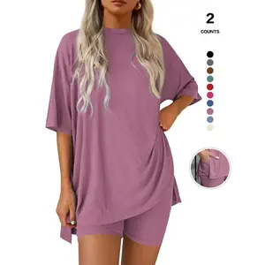 Cozy Mama Lounge Set, Women's 2-Piece, Crew Neck Oversized T-Shirts, Comfortable Home Wear, Perfect for Relaxing at Home Homewear Loungewear Nightwear