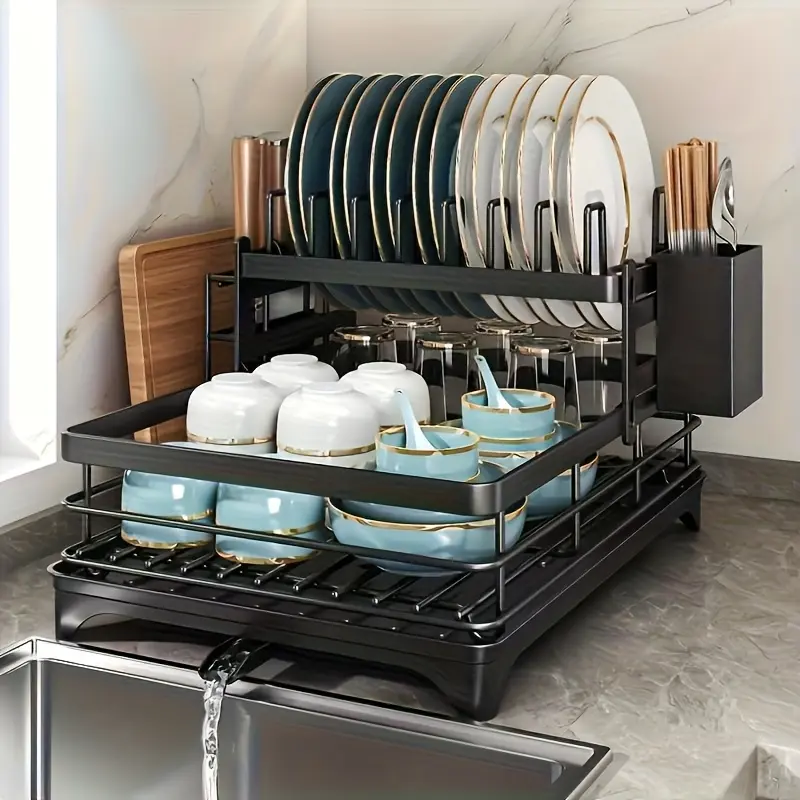 2 Tier Dish Drying Rack with Auto Drain Tray, Kitchen Counter Organizer for Plates, Bowls, Cups and Utensils Multifunctional