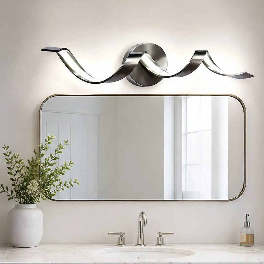 Modern LED Bathroom Vanity Light Fixture 24 Inch Dimmable Black Metal Wall Sconce Over Mirror 15W Spiral Design Acrylic Shade Matte Nickel Finish for Bathroom Living Room Hallway Humid Environments, Nickel Color Options, Metal Material, Decorative Wa