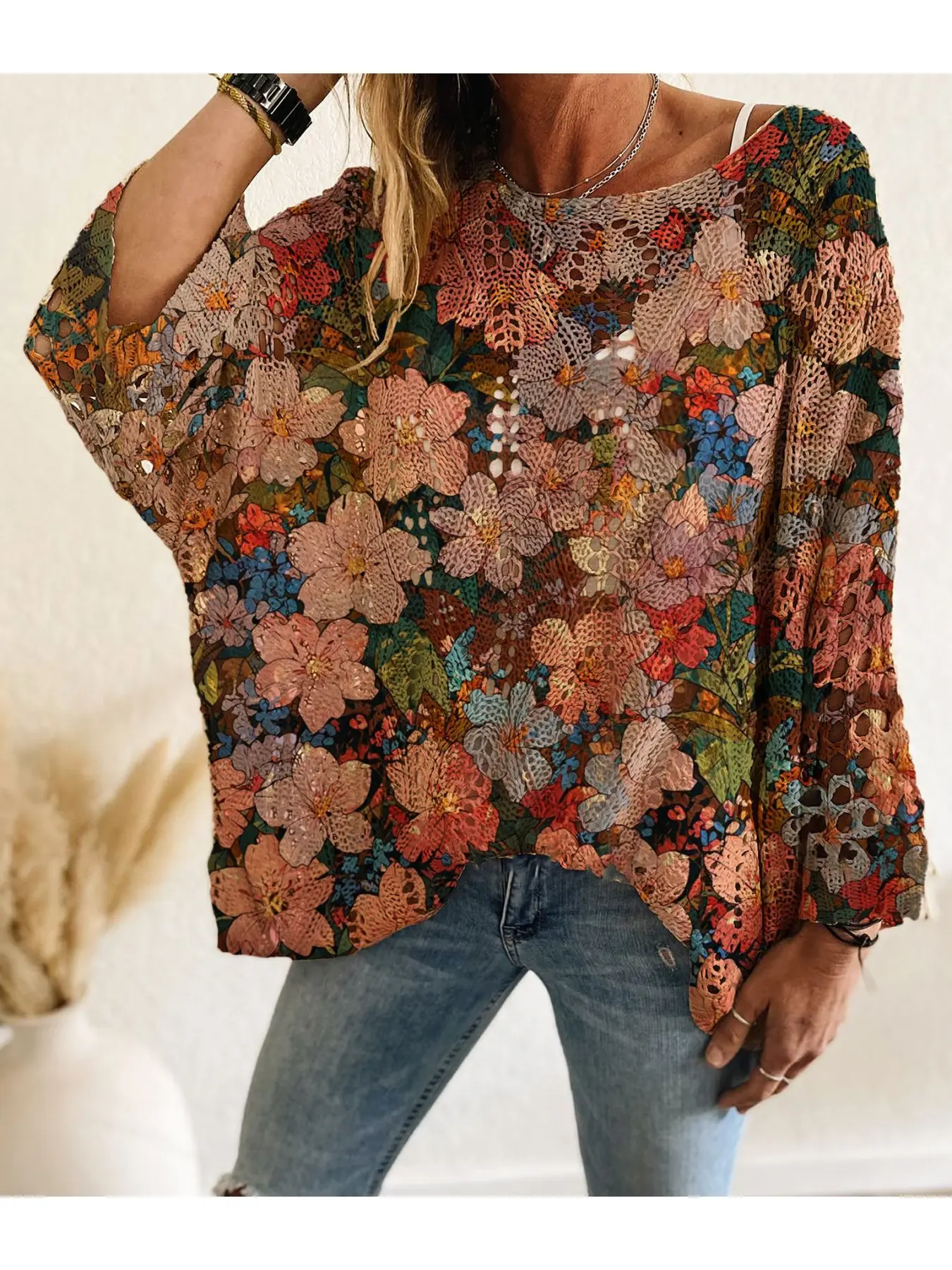 Spring & Summer off-shoulder knit top with diamond cutouts, batwing drop shoulders and contrast Multicolor floral prints. Loose, long-sleeve, vacation-style cover-up for vests and bikinis, ideal for casual commuting.