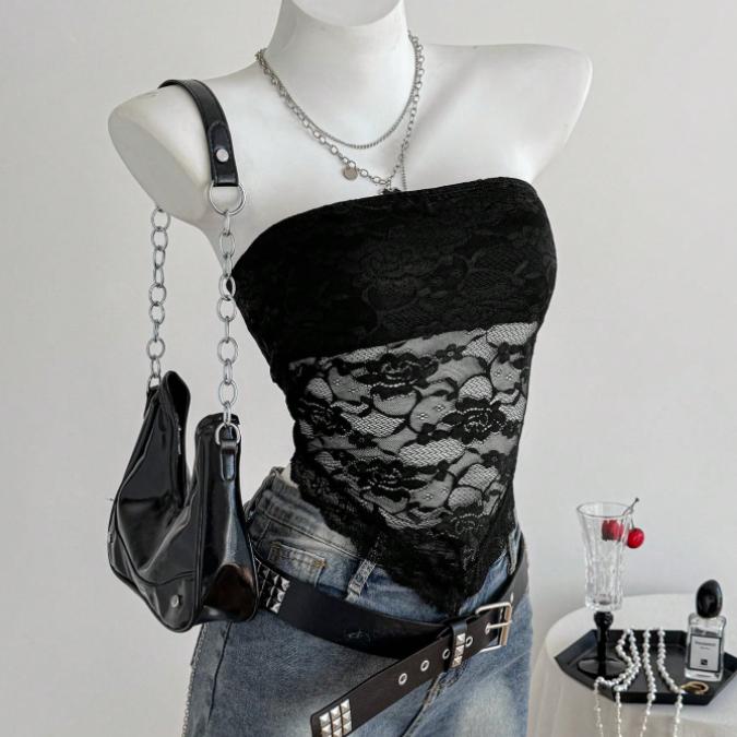 Lace Patchwork Asymmetric Hem Strapless Crop Top for Women – Sexy Sleeveless Summer Clubwear