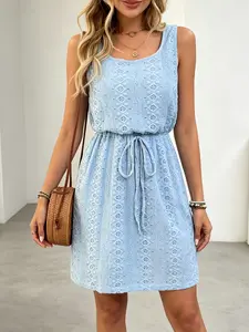 Womens Square Neck Sleeveless Dress Hollow Out Textured Drawstring Ruched Bodycon 2026 Spring Summer New High Stretch 95% Polyester 5% Elastane Slim Fit Casual Commute Party Vacation Outfit Elegant Vintage Chic Apparel