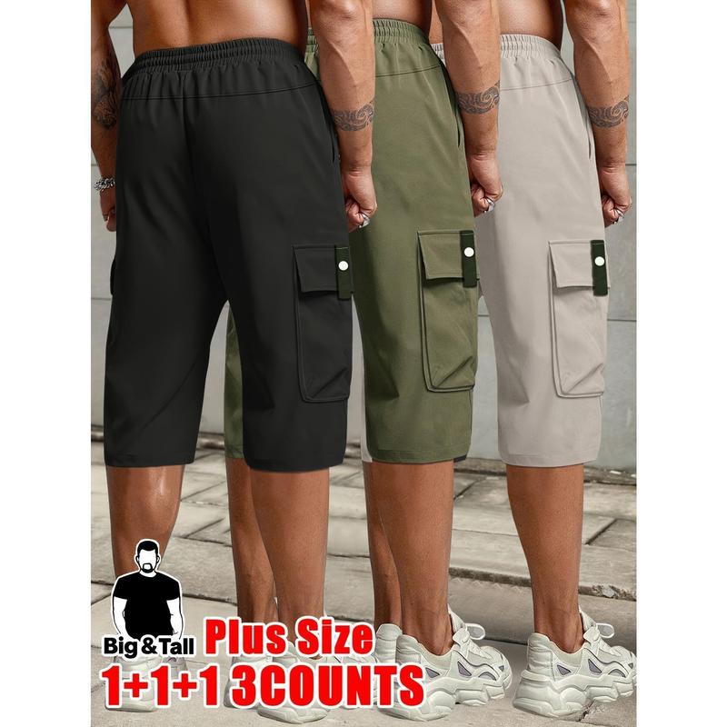 Men's Plus-Size (1XL-4XL, 2XL, 3XL) 3-Pack Athletic Plain Activewear Sport Cargo Shorts - Relaxed-Fit Drawstring Waist, Multi-Pockets, Cold-Machine Washable for Summer Daily Wear (Dark Blue, Black, Beige, Black+Gray+Khaki, Gray+Military Green+Black)