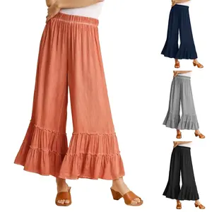 JovenPara Womens Wide Leg Pants Elastic High Waisted Ruffle Hem Palazzo Pants with Pockets