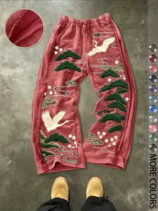 New Traditional Crane Embroidered Sweatpants, Vintage Washed Texture, Heavy-Duty Embroidery Details, Casual Loose-Fit, All Seasons