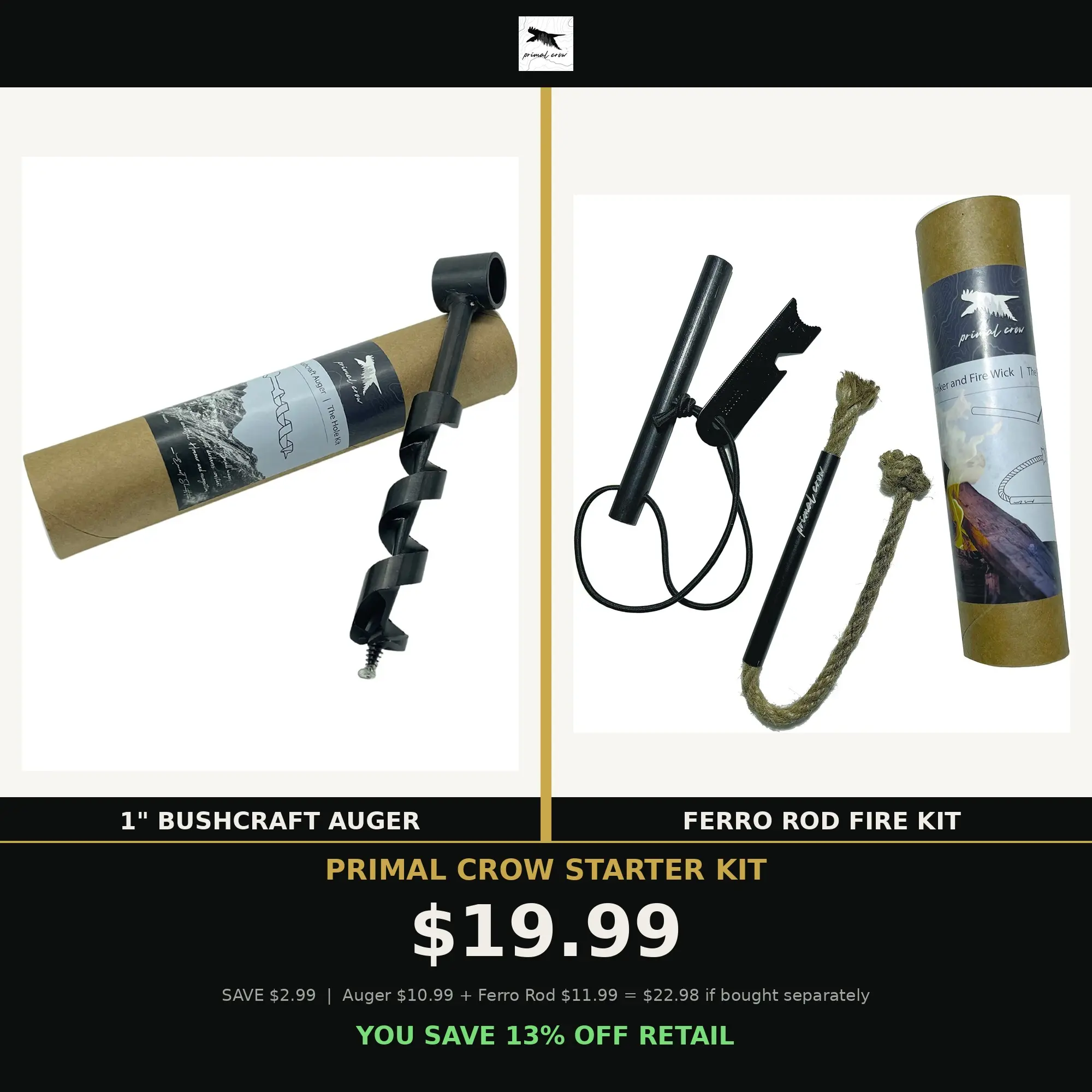 Primal Crow Starter Kit — 1" Bushcraft Auger + Ferro Rod Fire Kit | Survival Bundle Prepper Emergency Kit