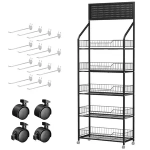 Explorinox 5 Tier Retail Snack Display Rack, Black Metal Candy Storage Shelf Cart with Wheels & 15 Hooks, Heavy-Duty Potato Chip Organizer Stand for Supermarket, Grocery, Store, Home