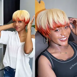 ShowRealHair Red Pixie Cut Wigs Blonde with Copper Color Pixie Cut Wigs for Black Women Brazilian Virgin Human Hair Glueless 1b/blue Color Short Straight Pixie Cut Wigs With Bangs Coiffure Color for Daily Use