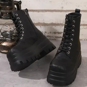 Valentine's Day Women's Square Toe Solid Color Lace Up Ankle Platform Boots, Casual Comfortable Platform Boots for Daily Wear, Female All-match Trend Shoes for Winter, Winter Warm Boots