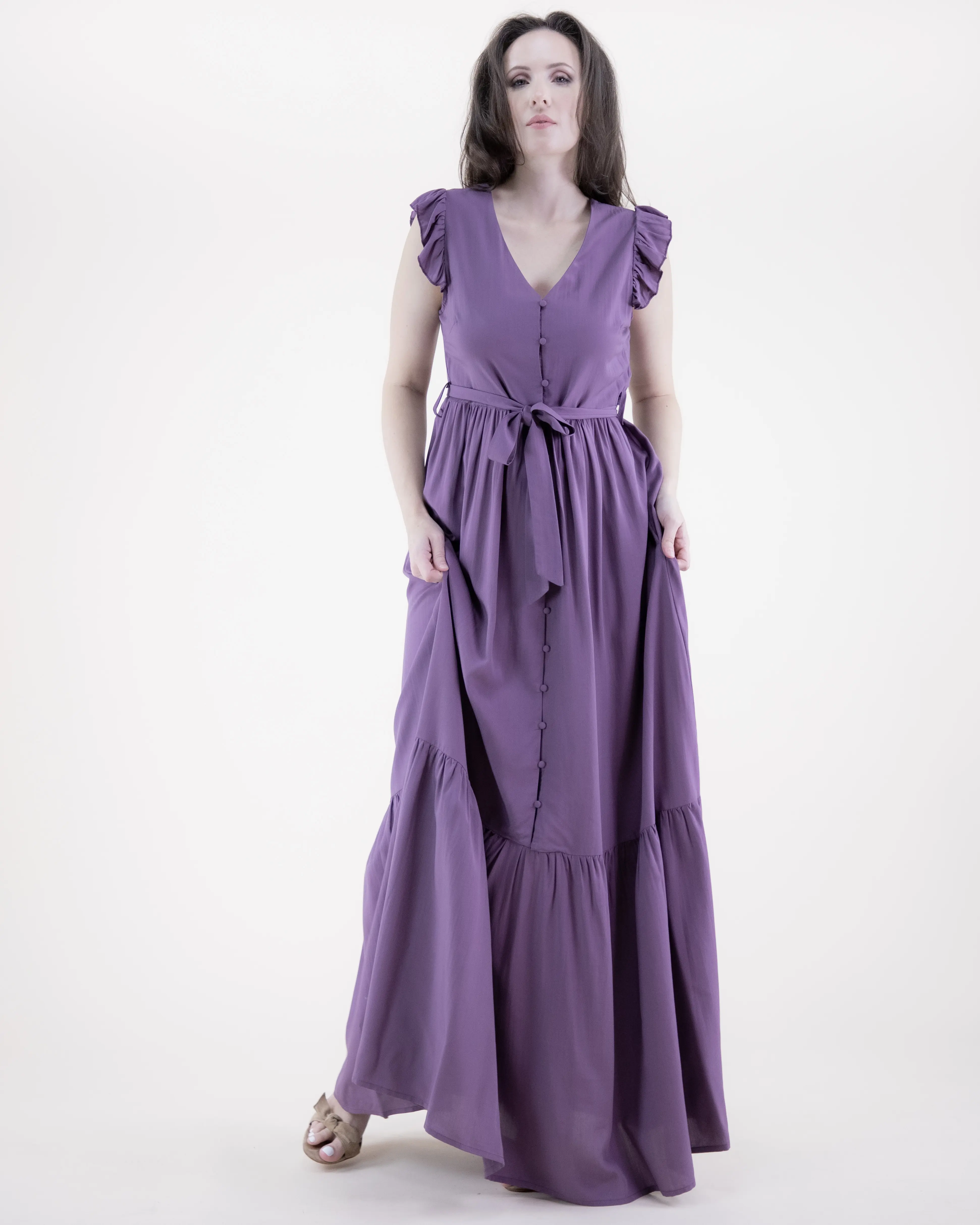Women's Casual Elegant Breezy Butterfly-Sleeve Button-Front Tiered Maxi Dress, Lady