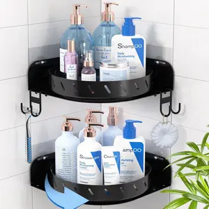 360?Rotating Corner Shower  Shelf With 6 Hooks,2PACK Bathroom Lazy Susan Shower Organizer Corner with 5 count Adhesive,Stainless Steel Shower Racks for Inside Shower for  Apartment Decor(Black)
