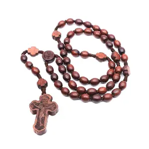 Handmade Wood Rosary Necklaces Catholic Cross Pendant Meditation Jewelry Women