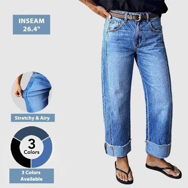 Flamingals Wash Seam Front Roll Raw Hem Mid Rise Straight Leg Jeans Womenswear Stretchy 26.8" Inseam Summer Vibes Flamingals Wash Seam Front Roll Raw Hem Mid Rise Straight Leg Jeans Womenswear Stretchy 26.8" Inseam Summer Vibes