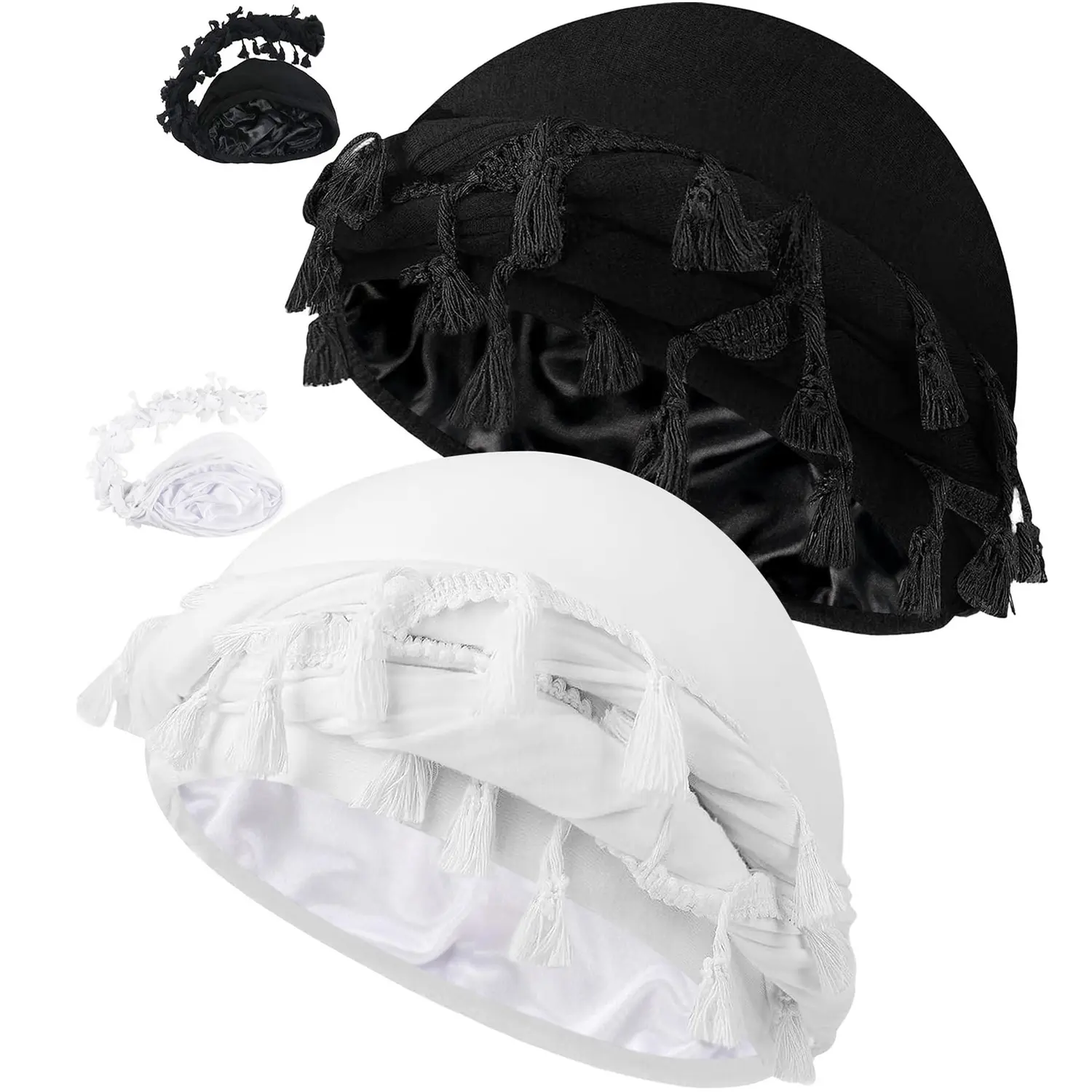 1/2 Packs Silky Comfort Adjustable Head Wrap with Tassels Satin Lined Halo Turban for Men and Women - Stylish Sleep Cap, Beanie, and Durag Combo