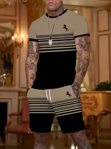 Men's Digital Print Striped Summer Set, Menswear Round Neck Short Sleeve T-Shirt & Drawstring Shorts, Stretchy Knit