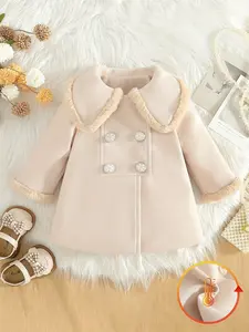 Girls' clothing, girls' autumn and winter casual fashion jacket, gentle plush lapel style, girls' medium to long jacket, plush edging big lapel+double row pearl buttons, children's Easter gift, suitable for daily home and school season dressing