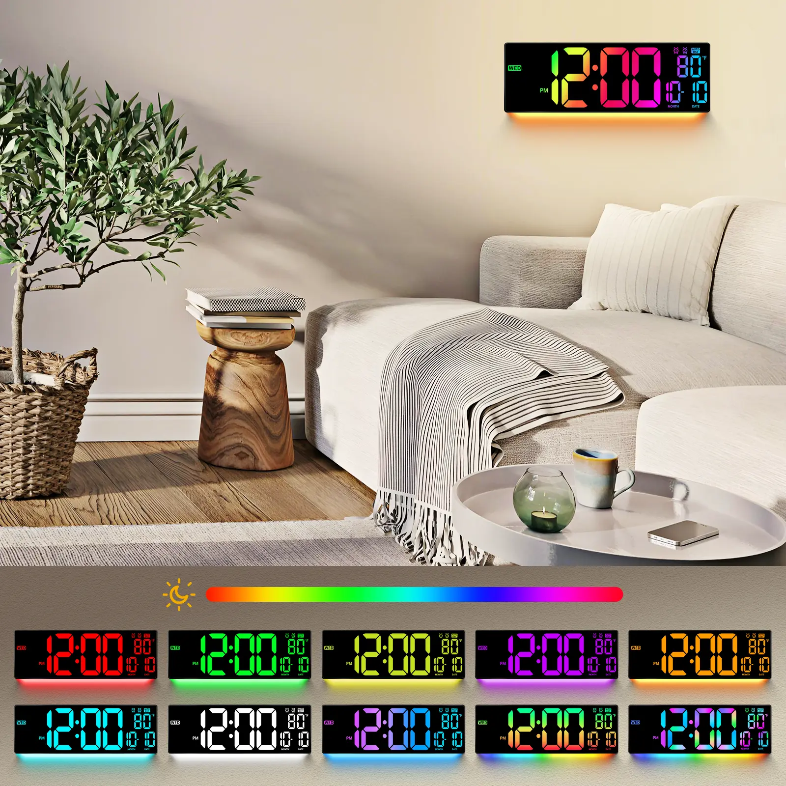 16.5" Large Digital Wall Clock, RGB Lights with 11 Scenes Mode Remote Control, Dual Alarms with Big LED Display, Auto DST, Temperature for Classroom Gaming