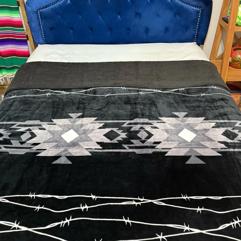 Black Aztec Sherpa King Size Blanket Throw