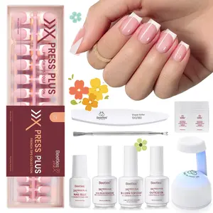 Beetles X Press On Nails Kit Short Square French Tip with 150Pcs Pink Tips Glue Remover Top Coat & Nail Lamp for Flawless DIY Nails