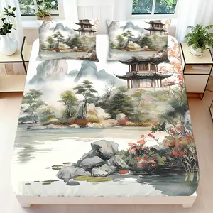 2/3 Pcs 2D Flat Chinese Landscape Style Fitted Sheet Set，Chinese Pagoda and Mountain Bedding Set Quilt Cover 1 Fitted Sheet+ 1/2 Pillowcases，Chinese Scenery Top Sheet Decorative Bedding Bedroom Decor