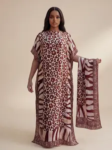 Leopard Print Long Robe Dress with Shawl and Headband, Casual Beach Cover-Up for Sun Protection, Satin Scarf for All Seasons