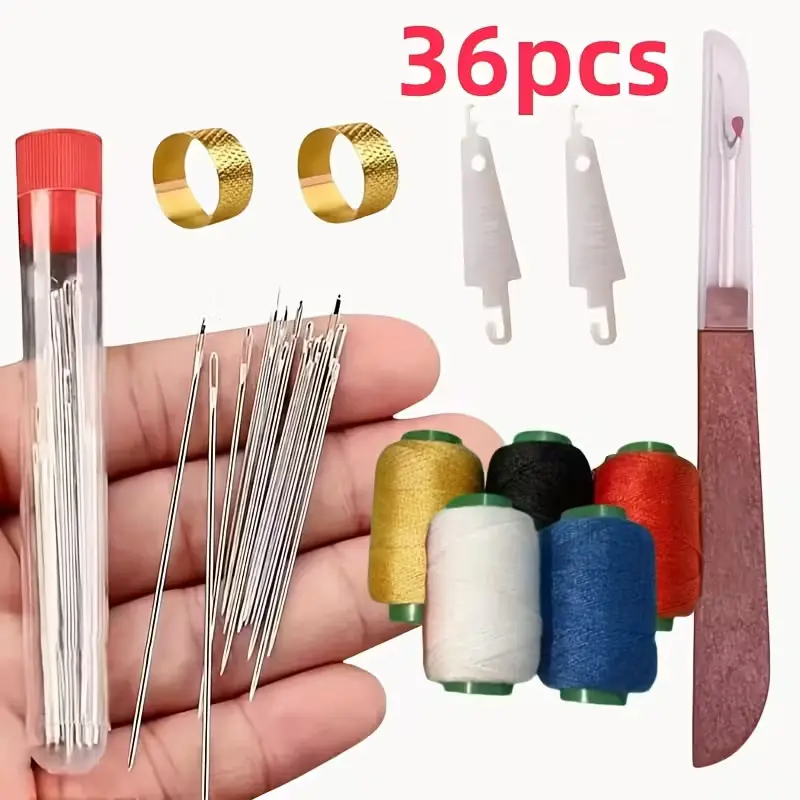 36-Piece Large-Eye Steel Sewing Needle Set with Gold Rings, Easy Threading Needle Threader, Portable Sewing Kits for Quilting, Home Use