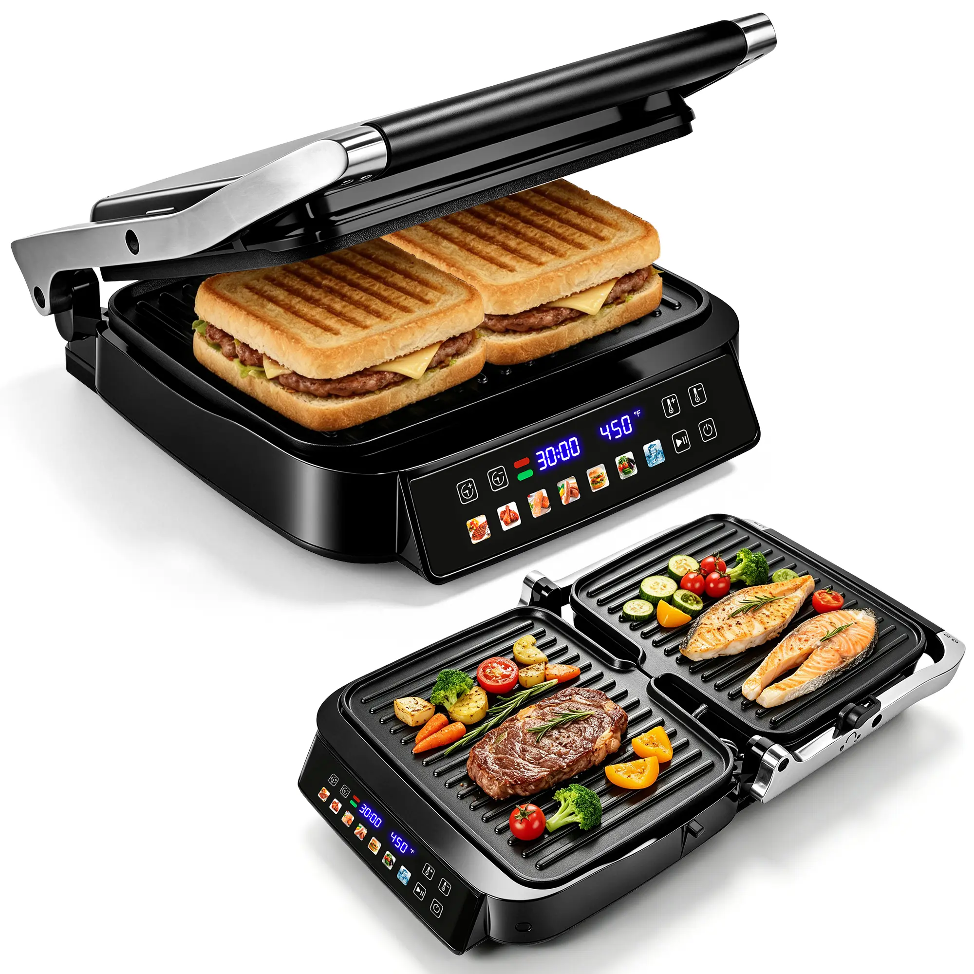Pukomc 180° Corded Electric Panini Press & Nonstick Grill, 1500W Sandwich Maker with Removable Non-Stick Plates, Temp Control, Cool-Touch Handle, Easy-Clean Standard Plug Tabletop Appliance for Home Cooking, Steak