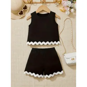 Girls' 2pcs Summer Set: Ruffled Trim Tank & Elastic Waist Shorts |   Beach-Ready Play Outfit |   Lightweight & Comfortable (Ages 3-10), Perfect for Outdoor