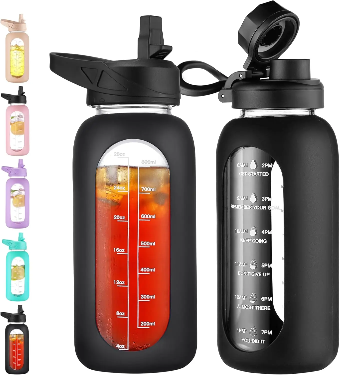 32 oz Glass Water Bottle with Straw and Handle, Large Sports Motivational Water Bottle Flask with Time Marker and 2 Lids, Leakproof Water Jug Canteen with Silicone Sleeve for Gym,Black