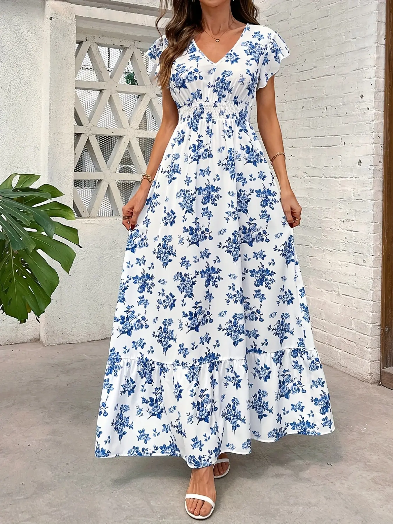 Women's Fashion Elegant Casual V-Neck Floral Print Patchwork Dress, Stylish Comfortable Outfit Perfect for Daily Wear & Special Occasions