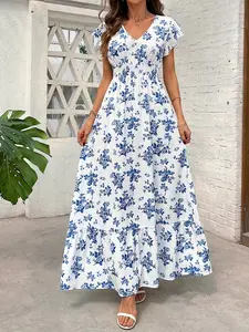 Women's Fashion Elegant Casual V-Neck Floral Print Patchwork Dress, Stylish and Comfortable, Perfect for Daily Wear and Special Occasions