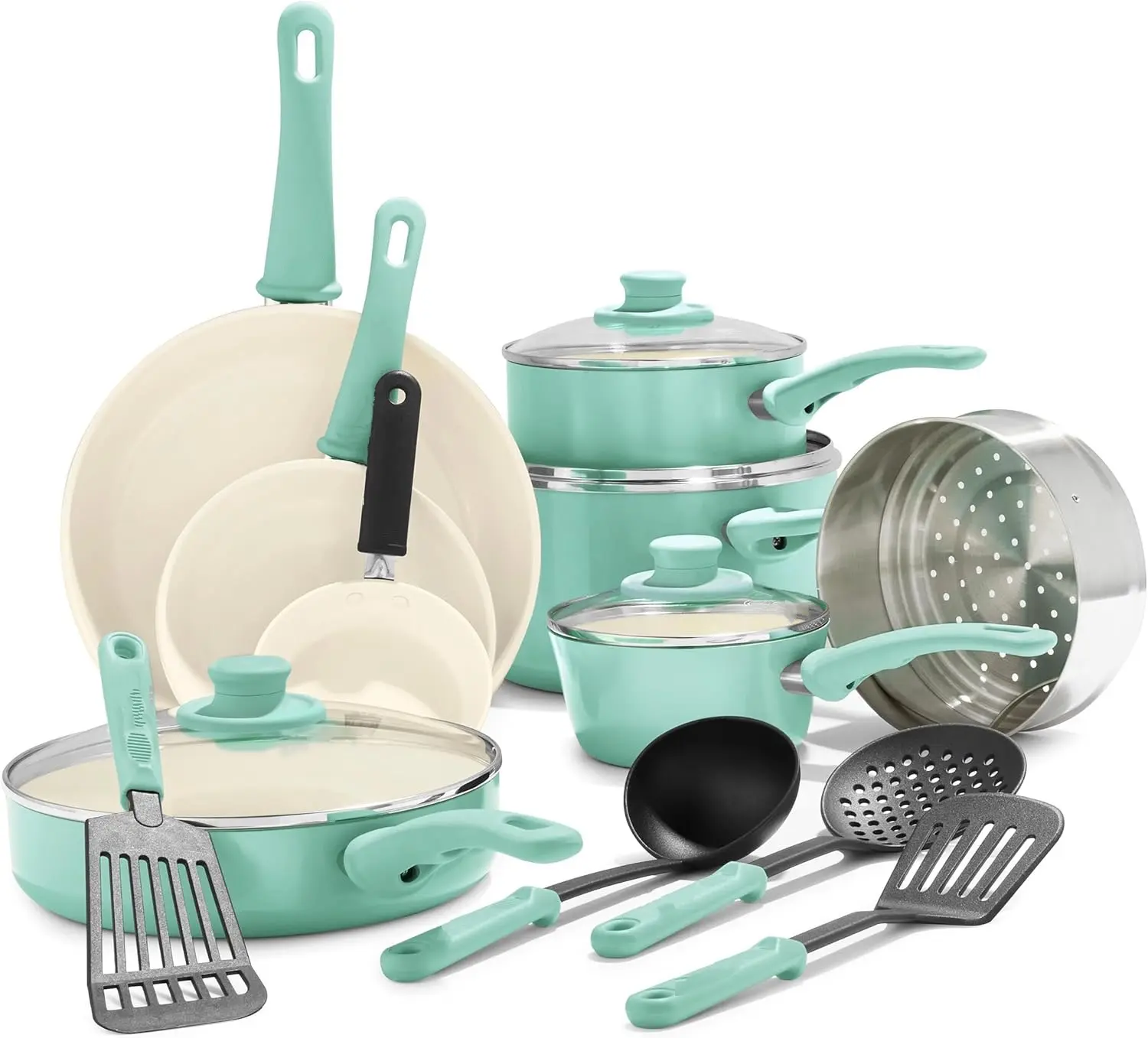 16 Piece Cookware Set, Non-Toxic PFAS-Free Ceramic Nonstick, Pots, Frying, Sauce, Saute, Glass Lids, Stay-Cool Handles, Wobble Free Bases, Dishwasher & Oven Safe