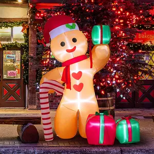 8FT Inflatable Gingerbread Man with Candy Cane and Three Gift Boxes,LED Lighted Christmas Decoration Indoor and Outdoor.