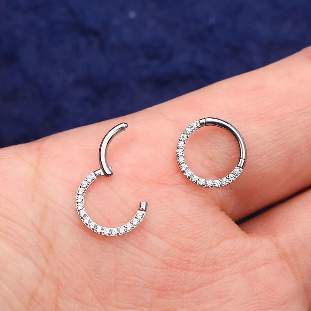 OUFER BODY JEWELRY 16G F136 Titanium Hinged Segment Hoop, Cubic Zirconia Paved Septum Piercing Jewelry for Female, Helix Pierced Ring - 6/8/10mm, Cz Beads, Segmented, Titanium Nose Hoops, Nose Ring, 6Mm, Septum Jewelry, Multi-Size