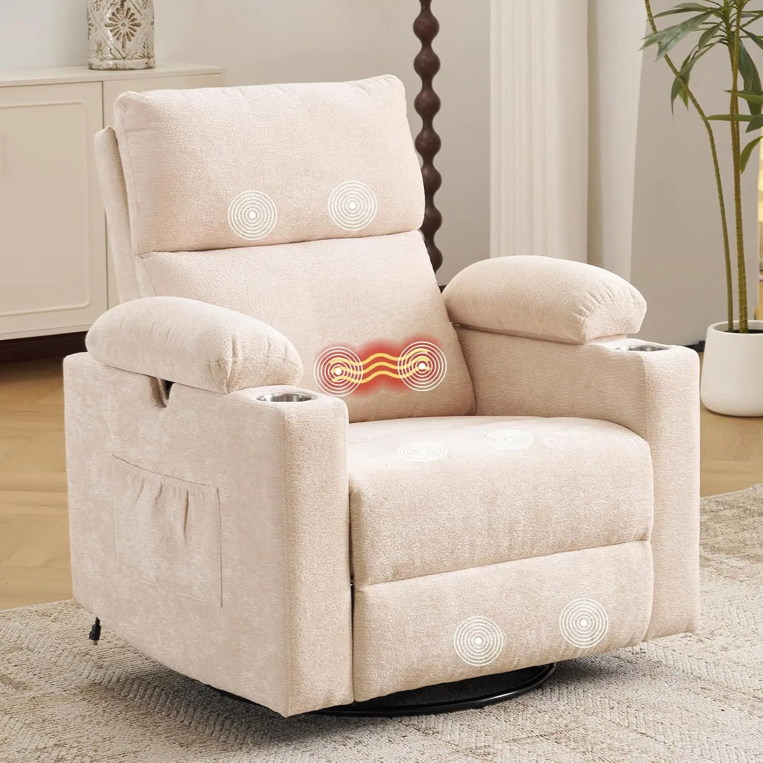 Rhevoy FSC-Certified Modern Wood Chenille Electric Swivel Rocking Armchair - 350lb Capacity, Press-Adjust Raisable Arms/Headrest, Massage, Heat, Quick Setup, Ergonomic, 41"d x 36"w x 43"h, Sleeper for Pregnant Women, Swivel Chairs, Overstuffed, Rock