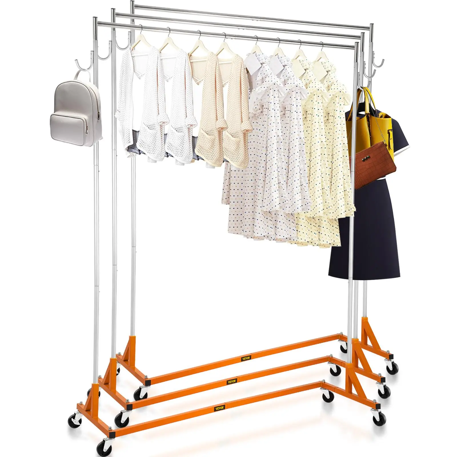 【summerfinds】VEVOR Z Rack, Industrial Grade Z Base Garment Rack, Height Adjustable Rolling Z Garment Rack, Sturdy Steel Z Base Clothing Rack with Lockable Casters, for Home Clothing Store Display Orange (3 Sets)