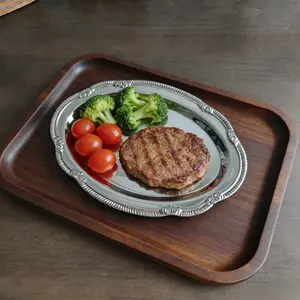1Pcs 304 Stainless Steel Serving Tray - BPA Free Vintage Floral Edge Oval Platter, Food Safe Dessert & Steak Plate for Kitchen Dining Table Tableware