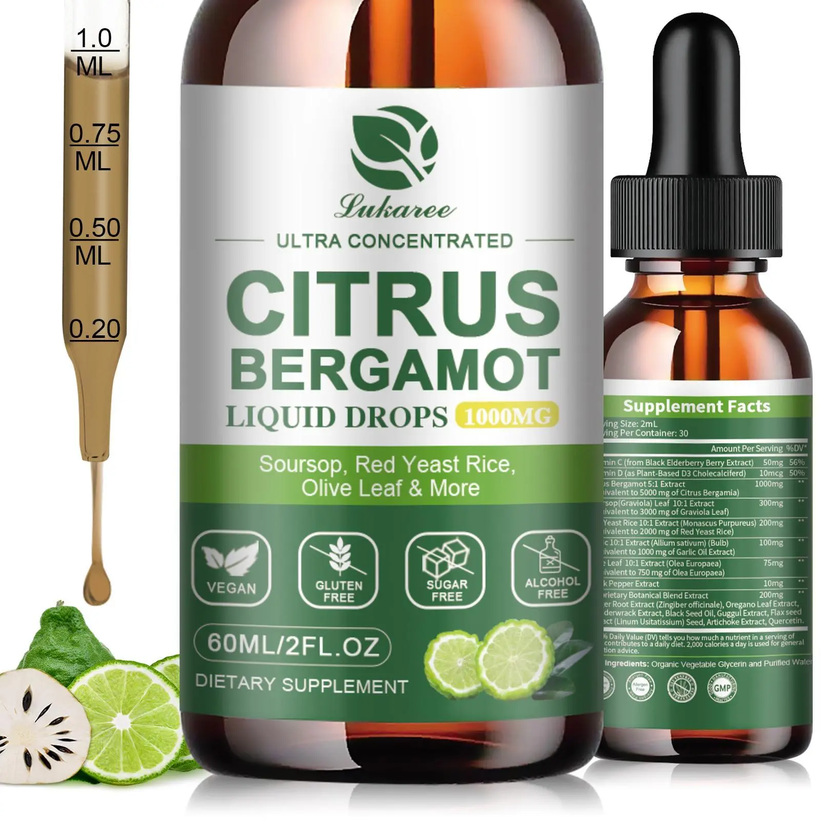 Lukaree Citrus Bergamot Liquid Drops - Natural Supplement with Soursop, Red Yeast Rice, Garlic, Olive Leaf, Black Pepper - High Absorption - Support Overall Wellness - Soursop Bitters Liquid, 2 Fl Oz